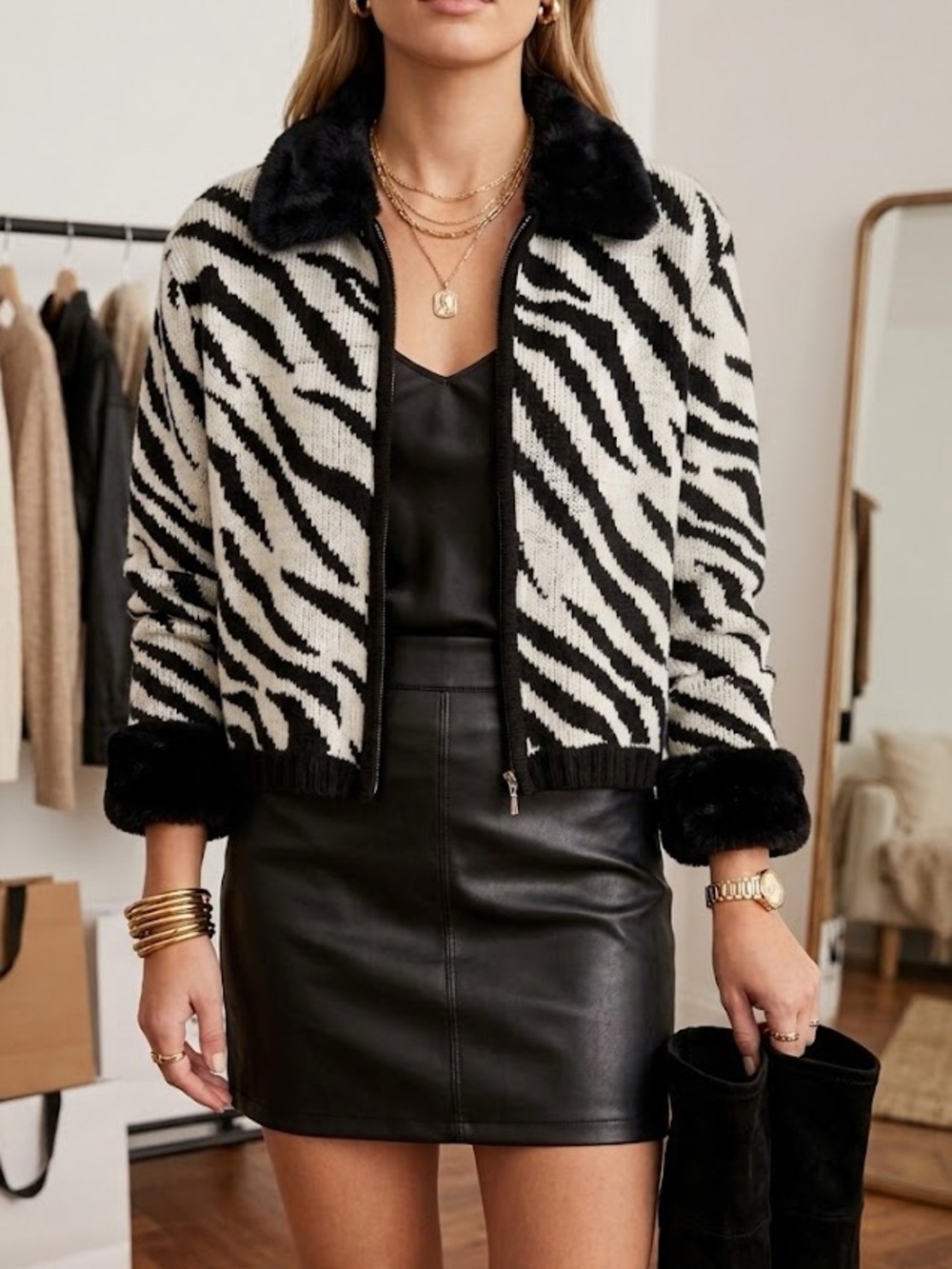 Vintage Carolina Colours Y2K Zebra Print Faux Fur Trim Knit Cropped Jacket
